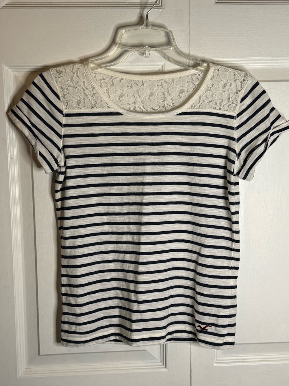 Hollister Navy & White Striped Tee with Lace Yoke